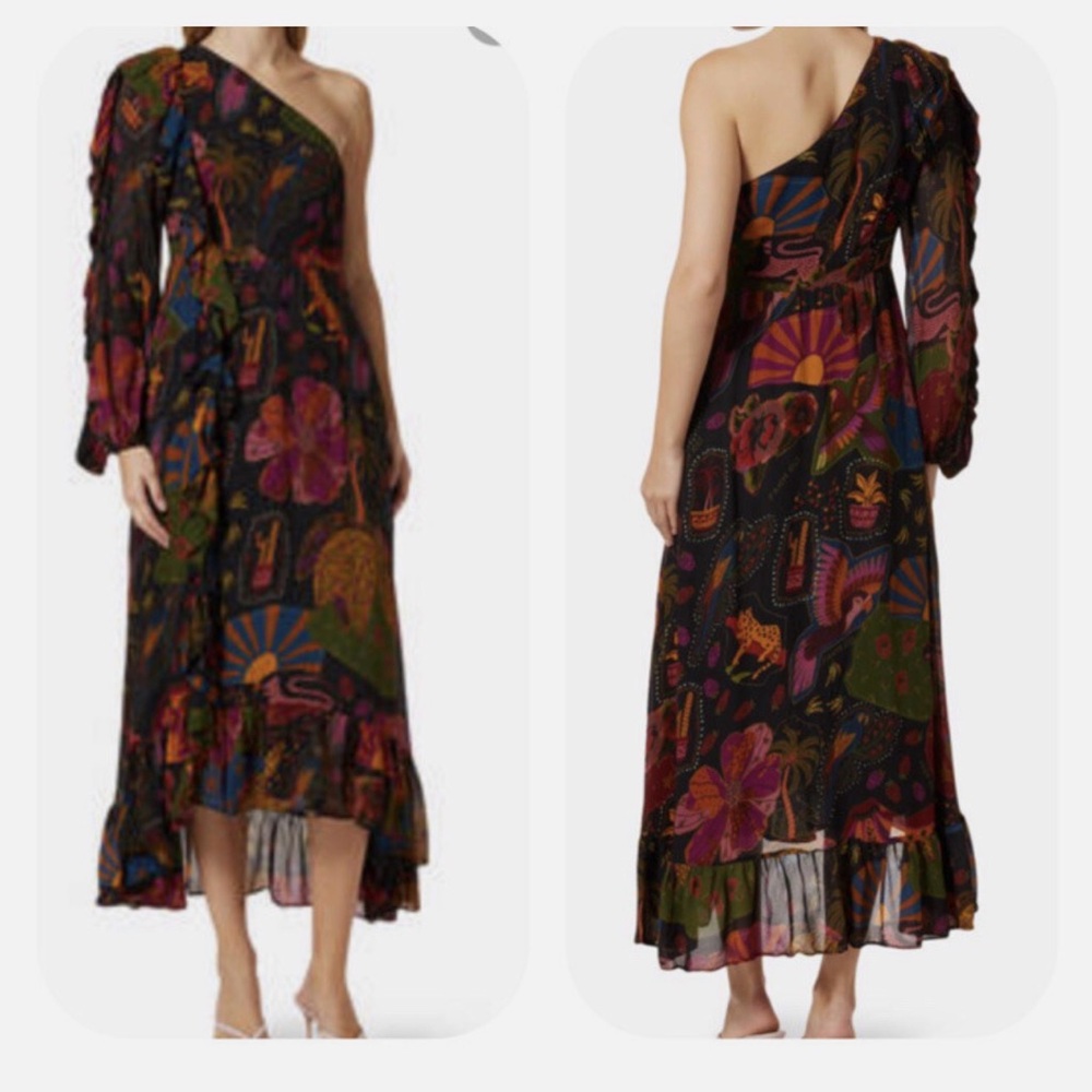 NWT FARM Rio Crazy Mix Black One-Shoulder Floral & Tropical Print Midi Dress